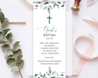 Eucalyptus Baptism Bookmark Favor Template, Instant Download, Editable Bookmark Keepsake, Printable Bookmark, Baptism Favors, Templett, C31