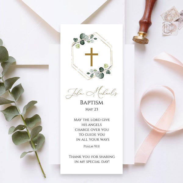 Greenery Baptism Bookmark Favor Template, Instant Download, Editable Bookmark Keepsake, Printable Bookmark, Baptism Favors, Templett, C22