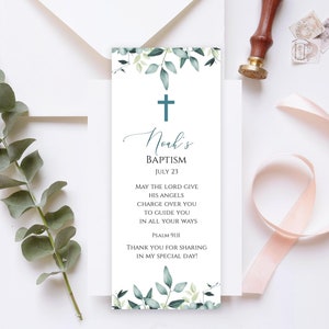 Eucalyptus Baptism Bookmark Favor Template, Instant Download, Editable Bookmark Keepsake, Printable Bookmark, Baptism Favors, Templett, C31