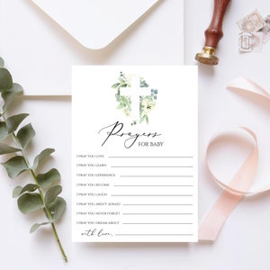 Prayers For Baby Card, Instant Download, Editable Template, Baby Shower Game, Printable Game, Succulent Baby Prayers, Cross, Templett, C15