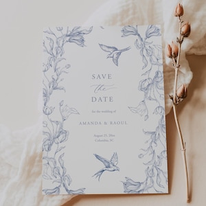 Staubige Blaue Save The Date Vorlage Französische Toile Save Our Date Karte Chinoiserie Save The Day Invite Vintage Blumenvogel Save The Templett C116