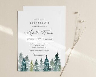 Woodland Baby Shower Invitation Template Download, Printable Forest Baby Shower Invitation Rustic, Editable Pine Tree Invite, Templett, C48