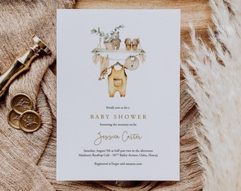 Boy Baby Shower Invitation Template Download, Editable Rustic Baby Shower Invite, Printable Hanging Clothes DIY Invite, Boho, Templett, C78
