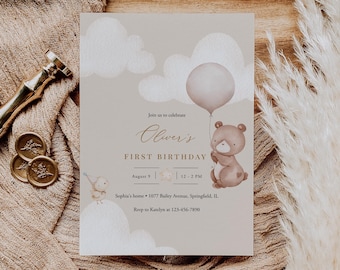 Birthday Invitation Template, Bear Birthday Invite Editable, Printable Balloon First Birthday Invite For A Boy, Clouds, Bird, Templett, C90