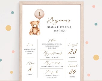 ANY AGE Beary First Birthday Milestone Sign Bear Party Decor Balloon Birthday Party Teddy Bear Milestone Board Template Gold Templett, C109