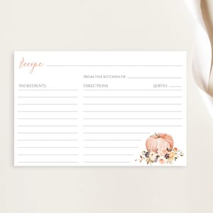 Pumpkin Recipe Card Template Download, Editable Fall Recipe Card, Bridal Shower Recipe Insert, Autumn Recipe Cards Printable, Templett, C44
