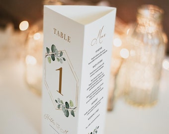 Greenery And Gold Tri-fold Table Number Template, Editable Tri-fold Table Menu, Wedding Table Numbers, Printable Greenery Menu, Templett C22