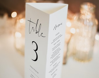 Modern Tri-fold Table Number Template, Triangle Menu Stand, Minimalist Trifold Table Menu, Wedding Table Numbers, Classic Menu, Templett C85