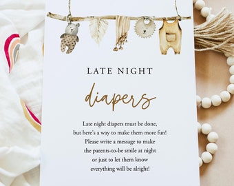Late Night Diapers Rustic Late Night Diaper Sign Printable Nursery Diaper Message Game Hanging Clothes Boy Baby Shower Activity Templett C78