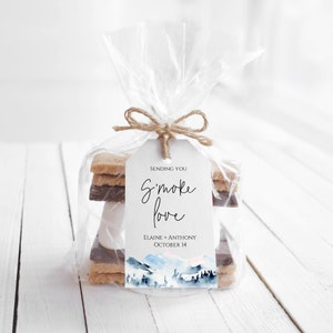 Mountains S'mores Tag Template, Editable Pine Tree S'more Love Tag, Printable Winter Wedding S'mores Tag, Bridal Shower S'mores Templett C47