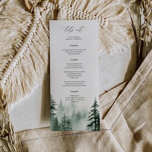 Modello di menu foresta Menu matrimonio montagna Menu cena stampabile Menu bosco modificabile Menu pino all'aperto Lakeside Templett, C91