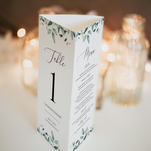 Eucalyptus Tri-fold Table Number Template, Editable Tri-fold Table Menu, Wedding Table Numbers, Printable Greenery Menu, Templett, C31