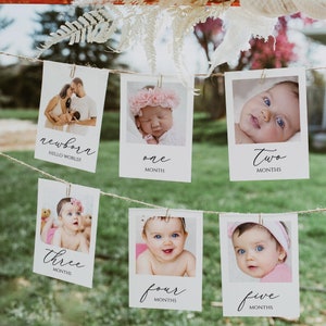 Plantilla de pancarta con foto para el primer cumpleaños, pancarta con foto mensual editable para el primer cumpleaños, tarjetas imprimibles con los hitos del bebé, decoración de cumpleaños, Templett