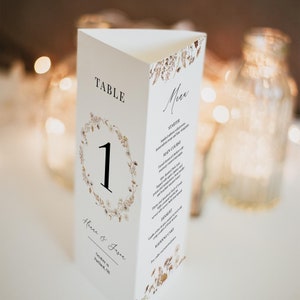 Modèle de numéro de Table 3 volets fleurs sauvages, menu de table automne 3 volets modifiable, numéros de Table de mariage, menu automne imprimable, Templett, C69
