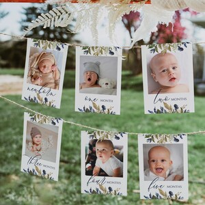 Plantilla de pancarta con foto para el primer cumpleaños de un niño, pancarta con foto mensual para el primer cumpleaños de un niño, decoración con tarjetas de hitos imprimibles, Templett, C24