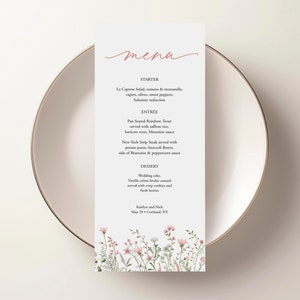 Modèle de menu de fleurs sauvages Menu de mariage d'été Menu du dîner de printemps Menu floral Menu de fleurs des champs 100 % modifiable en téléchargement immédiat Templett, C101