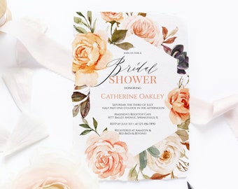 Orange And Blush Bridal Shower Invitation Template, Instant Download, Editable Bridal Shower Invite, Printable Floral Invite, Templett, C45