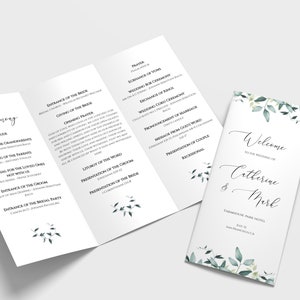 Eucalyptus Tri-fold Wedding Program, Editable Order Of Service Template, Printable Wedding Program, Catholic Order Of Ceremony, Templett C31