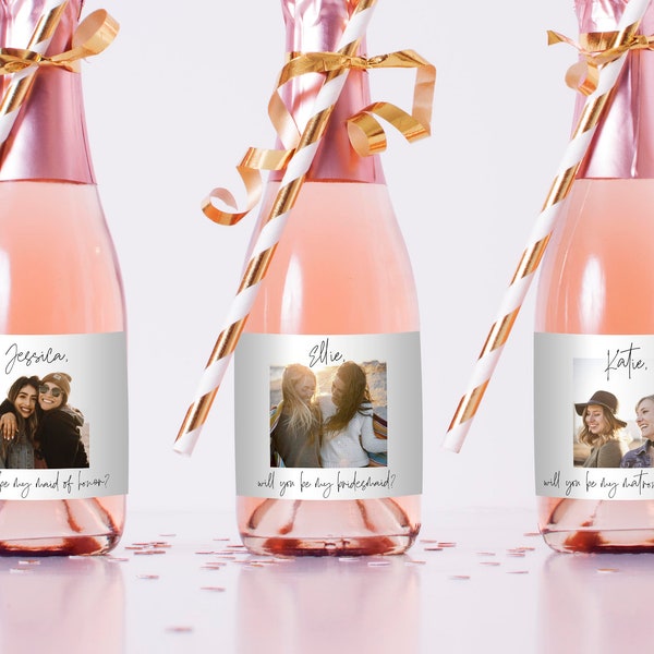 Photo Bridesmaid Proposal Mini Champagne Label, Minimalist Mini Wine Label Template, Editable Wine Label Download Modern, Templett, C67