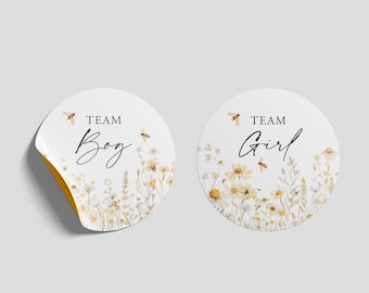 Gender Reveal Stickers Team Boy Team Girl Sticker Wildflower Gender Reveal Team Sticker Bee He Or She Label Gender Reveal Pin Templett C108