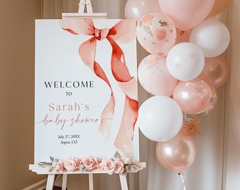 Bow Welcome Sign For Baby Shower Girl Editable Welcome Sign Ribbon Poster Printable Baby Girl Welcome Board Blush Pink Decor Templett, C103