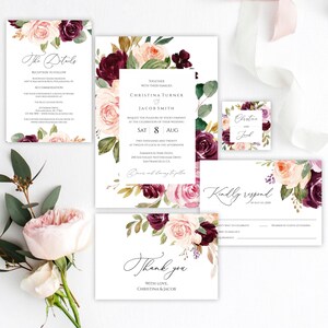 Burgundy and Blush Wedding Invitation, Printable Invitation Template, Fully Editable Wedding Invitation Suite, Invitation Set, Templett, C29