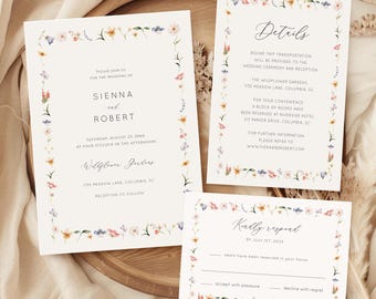 PRINTED + SHIPPED Delicate Floral Wedding Invitation Suite Wildflower Wedding Invite Set Colorful Flower Wedding Invitation Rsvp Detail C124