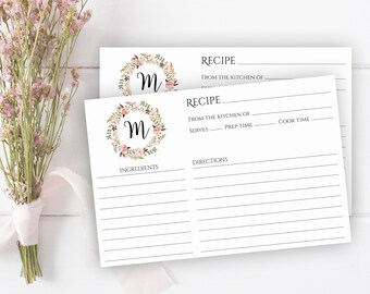 Personalized Recipe Card Template 4x6, Fully Editable Monogram Recipe Card, Custom Initial Recipe Card Printable, Bridal Shower, Templett