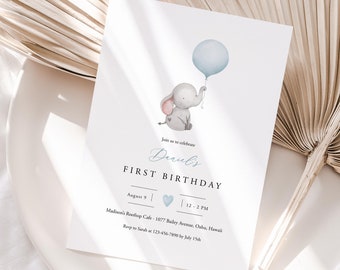 Boy Birthday Invitation Template, Elephant Birthday Invite Editable, Printable Blue Balloon First Birthday Invite For A Boy, Templett, C72