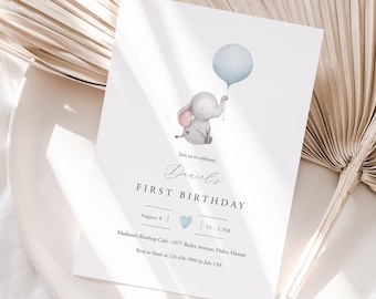 Boy Birthday Invitation Template, Elephant Birthday Invite Editable, Printable Blue Balloon First Birthday Invite For A Boy, Templett, C72