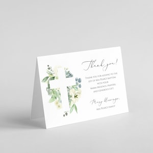 Baptism Thank You Card Template, Instant Download, Succulent Thank You Cards, Floral Cross Thank You Note, Printable Thank You, Templett C15 image 1