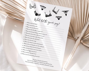 Lingerie What Did The Groom Say, Editable Bridal Shower Game, Printable What Did He Say About His Bride, Bachelorette Party Game Templett C4