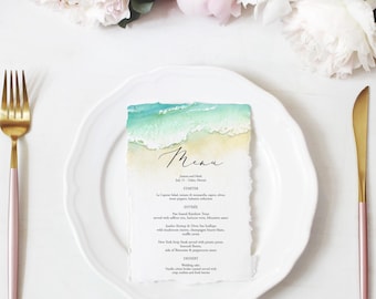 Seashore Wedding Menu Template, Beach Bridal Shower Menu Cards, Editable Tropical Menu, Printable Ocean Party Menu, Sand, Waves Templett C56