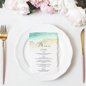 Seashore Wedding Menu Template, Beach Bridal Shower Menu Cards, Editable Tropical Menu, Printable Ocean Party Menu, Sand, Waves Templett C56