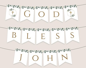 ANY NAME - Baptism Banner Template, Greenery God Bless Banner, Editable Boy Communion Bunting, Printable Christening Banner, Templett, C22