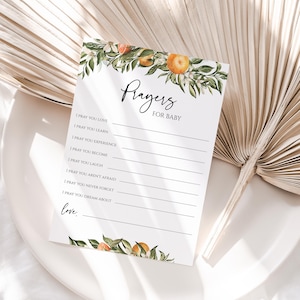 Plantilla de tarjeta de oración para bebé con naranjas, plantilla editable, juego de baby shower, juego de clementinas, oraciones cítricas para bebé, Templett, C79