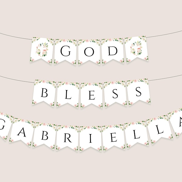 ANY NAME - Baptism Banner Template, Floral Cross God Bless Banner, Editable Girl Communion Bunting, Printable Christening Banner Templett C9