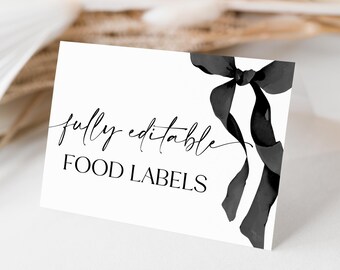 Bow Buffet Card Bow Bridal Shower Food Label Ribbon Birthday Food Card Black Bow Folded Food Tent Card Printable DIY Editable Templett, C103