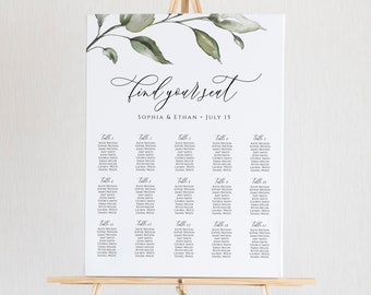 Greenery Seating Chart Template, Editable Wedding Seating Chart Board, Editable Seating Chart Poster, Foliage Seating Plan Sign Templett C41