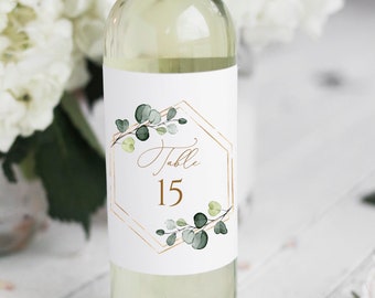 Wine Label Table Numbers, Editable Template, Greenery And Gold Wedding Table Number, Dinner Table Number, Wine Bottle Label, Templett, C22