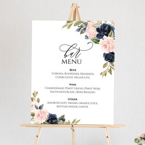 Bar Menu Sign Template, Instant Download, The Bar Sign, Bar Menu Printable, Drinks Sign, 100% Editable Drinks Sign Navy Blush, Templett, C24