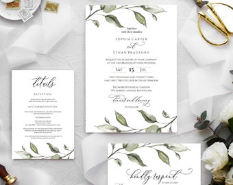 Greenery Wedding Invitation Template Download, Printable Invitation Set, Invitation Suite, Editable Wedding Invite, Templett, Foliage, C41