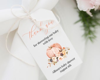 Pumpkin Thank You Tag Template, 100% Editable, Baby Shower Thank You Tag Printable, Fall Favor Tag, Autumn Gift Tag Download, Templett, C44