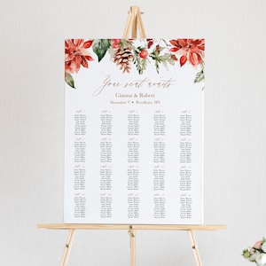 Winter Wedding Seating Chart Template, Editable Holiday Seating Poster, Seating Board, Christmas Pine Seating Plan Poinsettia, Templett, C62