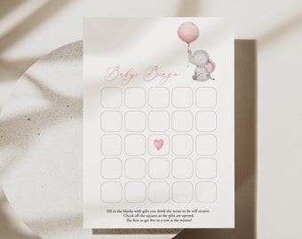 Elephant Baby Bingo Game Template Download, Girl Baby Shower Game, Printable Pink Balloon Baby Bingo, Baby Shower Activity, Templett, C72