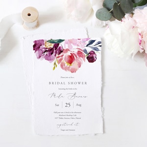 Plantilla de invitación para despedida de soltera en tonos morados y corales, invitación editable para despedida de soltera, invitación para despedida de soltera con flores para imprimir, Templett, C59 imagen 1