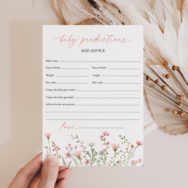 Wildflower Baby Predictions And Advice Card Boho Predictions For Baby Girl Baby Shower Game Ideas Floral Template Flowers Templett, C101