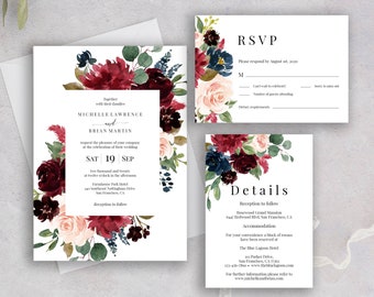 Wedding Invitation Template, Instant Download, 100% Editable Wedding Invitation Suite, Printable Burgundy Invitation Set, Templett, C6