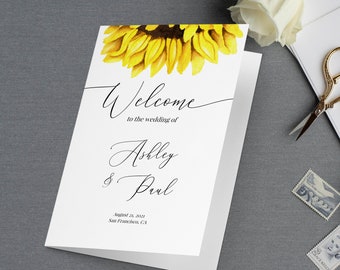 Editable Folded Wedding Program Template, Folded Ceremony Template, Printable Wedding Program, Sunflower Order Of Ceremony, Templett, C32