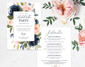 Boho Bachelorette Party Invitation With Itinerary, Printable Bachelorette Weekend Invitation, Editable Hen Party Invite Floral, Templett C24